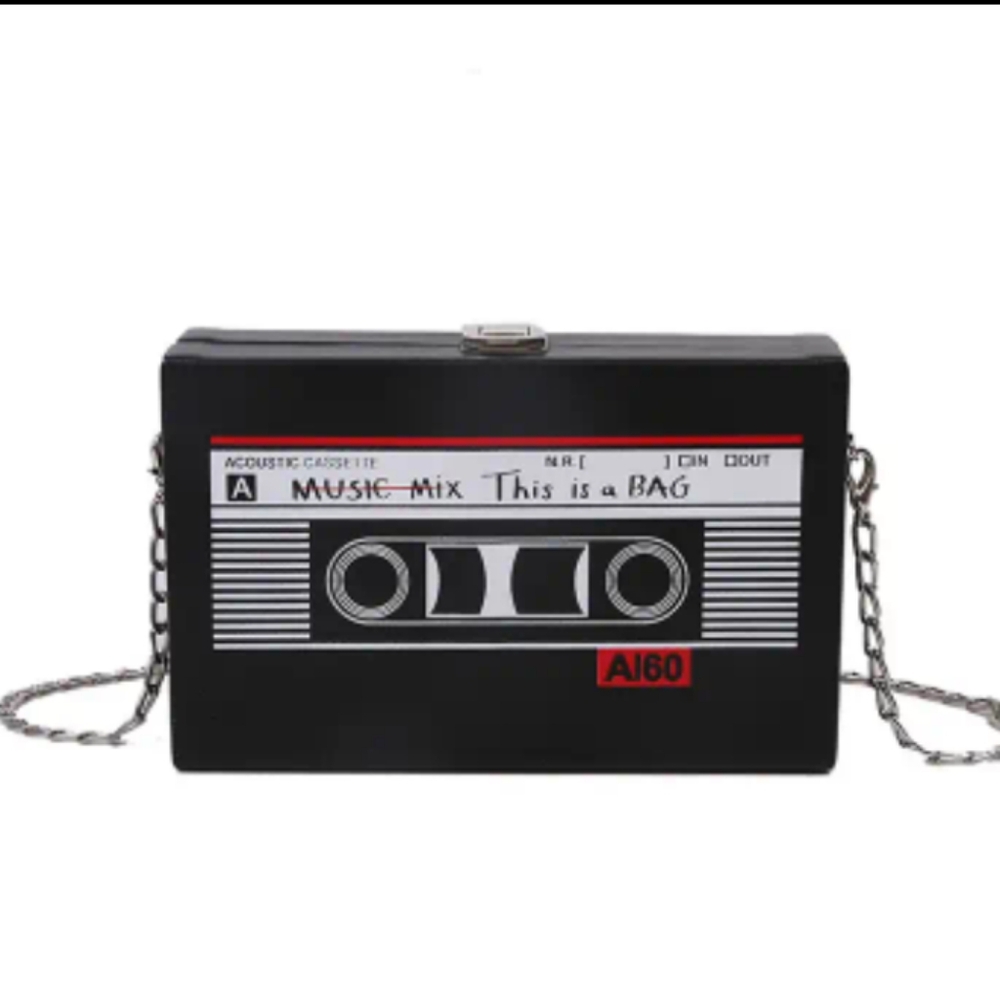 NEW BLACK CLASSIC CASSETTE PLAYER CROSSBODY HANDBAG - Picture 1 of 6